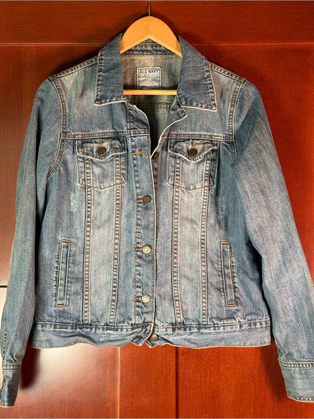 Old Navy Distressed Denim Jacket Women’s L Y2K 2006 Faded Blue Trucker